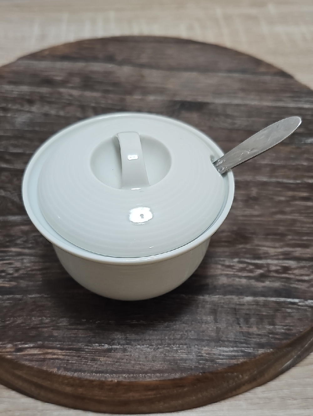 White Porcelain Sugar Bowl with Lid and Spoon